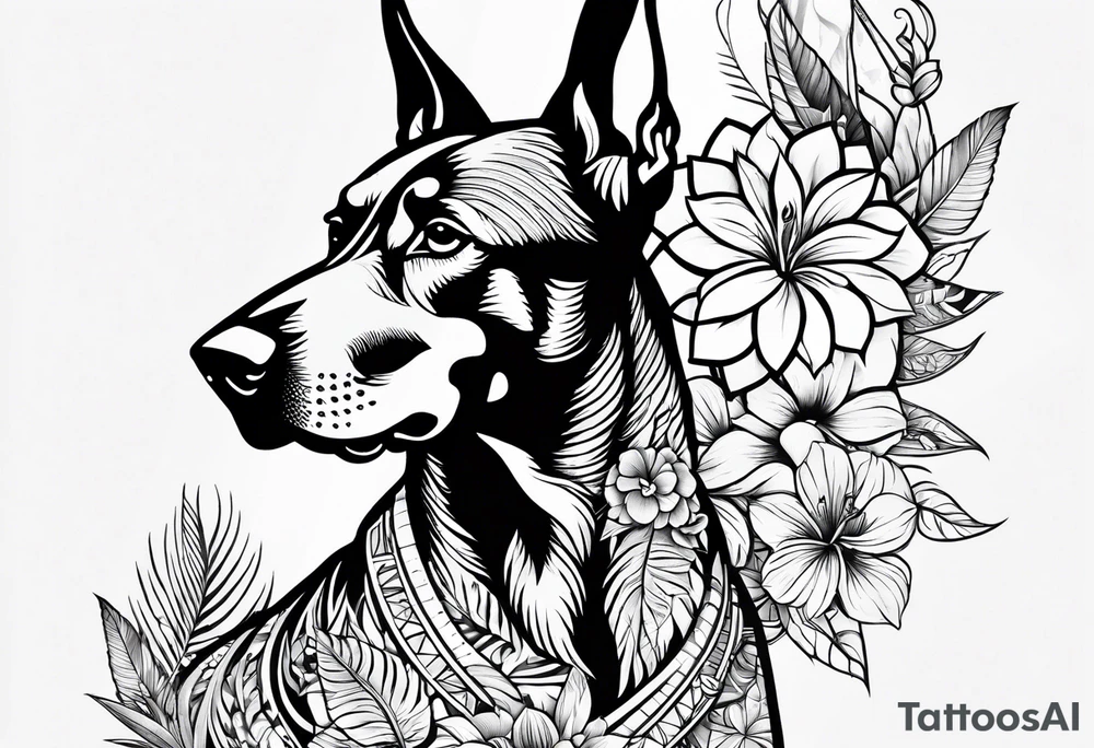 tropical and floral tattoo with doberman intertwined. full arm sleeve tattoo idea