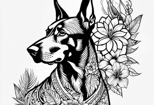 tropical and floral tattoo with doberman intertwined. full arm sleeve tattoo idea