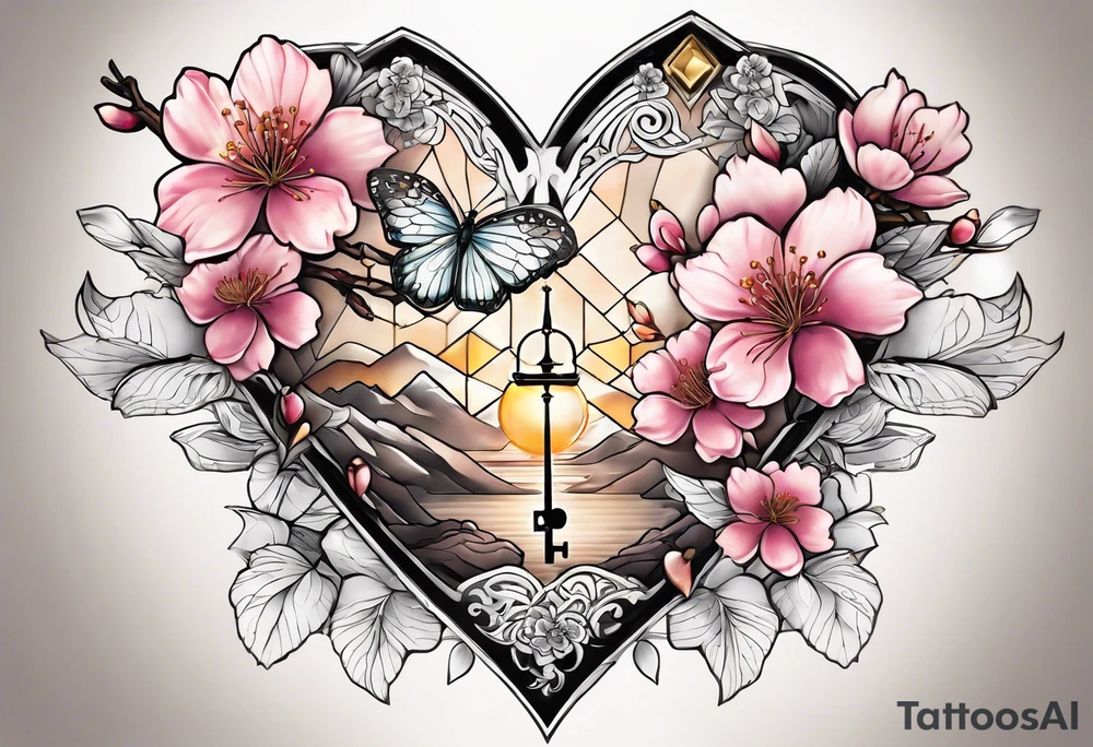 Cherry Blossom Tattoo with a key that unlocks a heart surrounded by white butterflies and in a golden aura tattoo idea