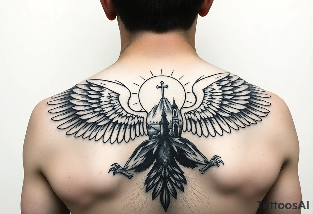 an actual russian coat of arms with the eagles wings spanning out on my back neck across my shoulders / traps with a orthodox christian church being visible in a mountainous sun beaming setting, with the russian orthodox cross spire of the orthodox church being visible on my neck with a sun beaming in the background that the cross sits inside tattoo idea