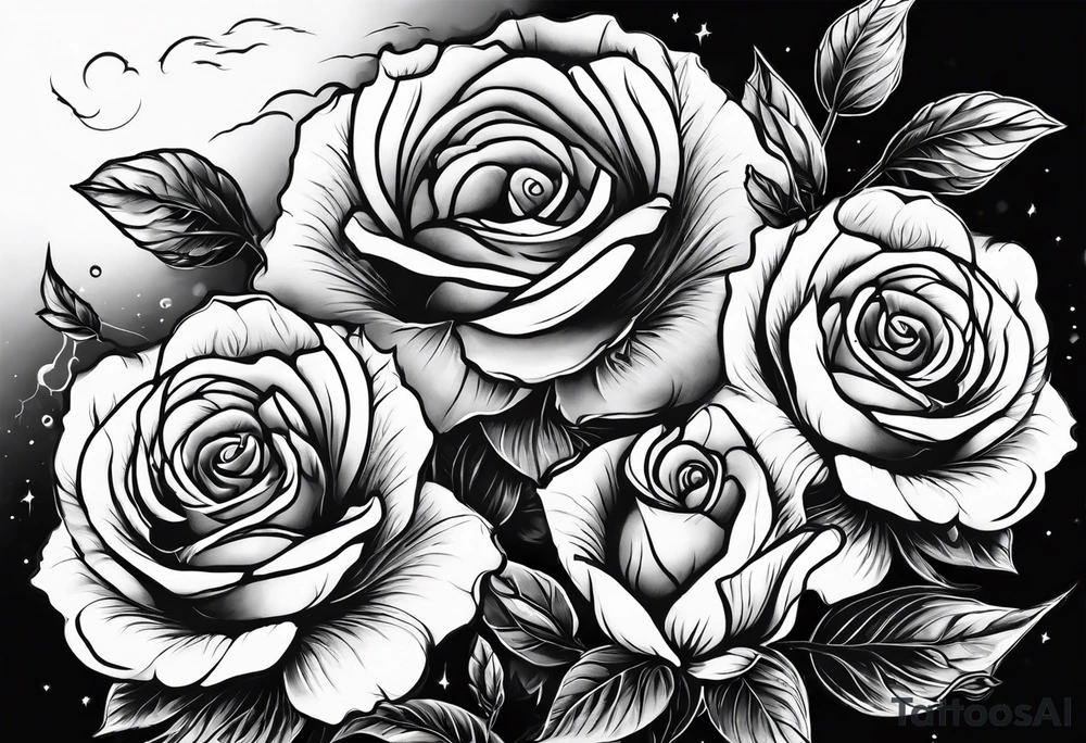 a dark night with a lightening storm outside in a field of roses tattoo idea