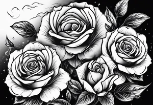 a dark night with a lightening storm outside in a field of roses tattoo idea