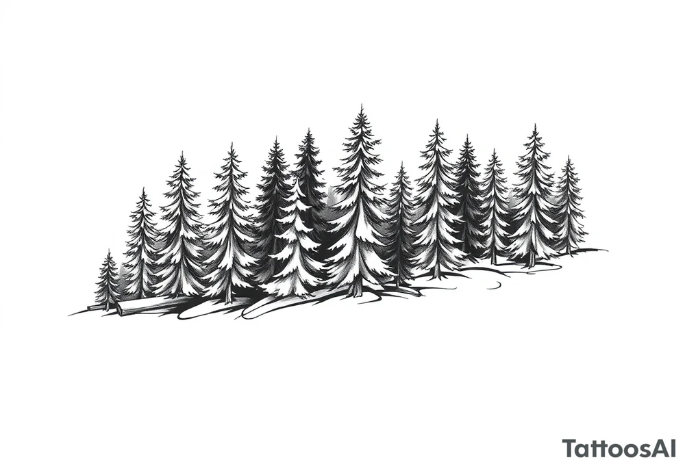 Coniferous forest trees in black and gray tattoo sleeve tattoo idea