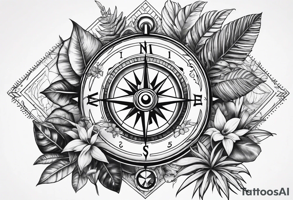 sleeve tattoo with compass and all-seeing eye and jungle plants tattoo idea