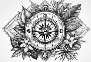 sleeve tattoo with compass and all-seeing eye and jungle plants tattoo idea