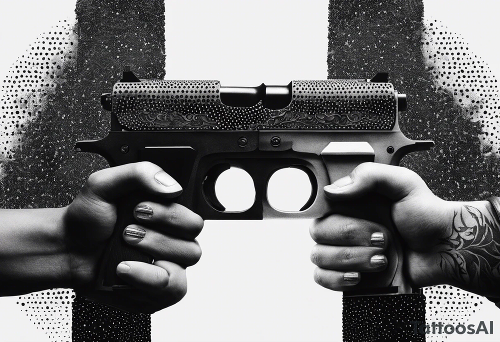 A reflection of two black  siloets of people  holding guns at two siloets dead tattoo idea