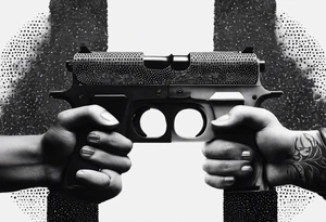 A reflection of two black  siloets of people  holding guns at two siloets dead tattoo idea