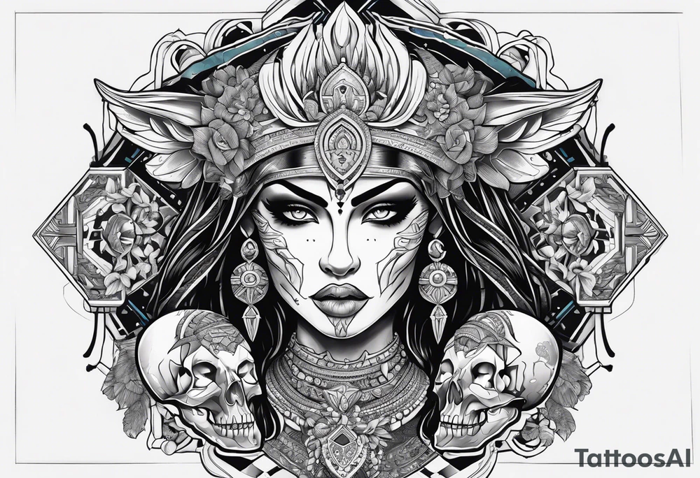 kali, alien goddess, valkrye, pirate, zenza resonance, pachamama, lotus azul, blank panther, eagle, skull, 5D, nueva gaya, dna 12 tattoo idea