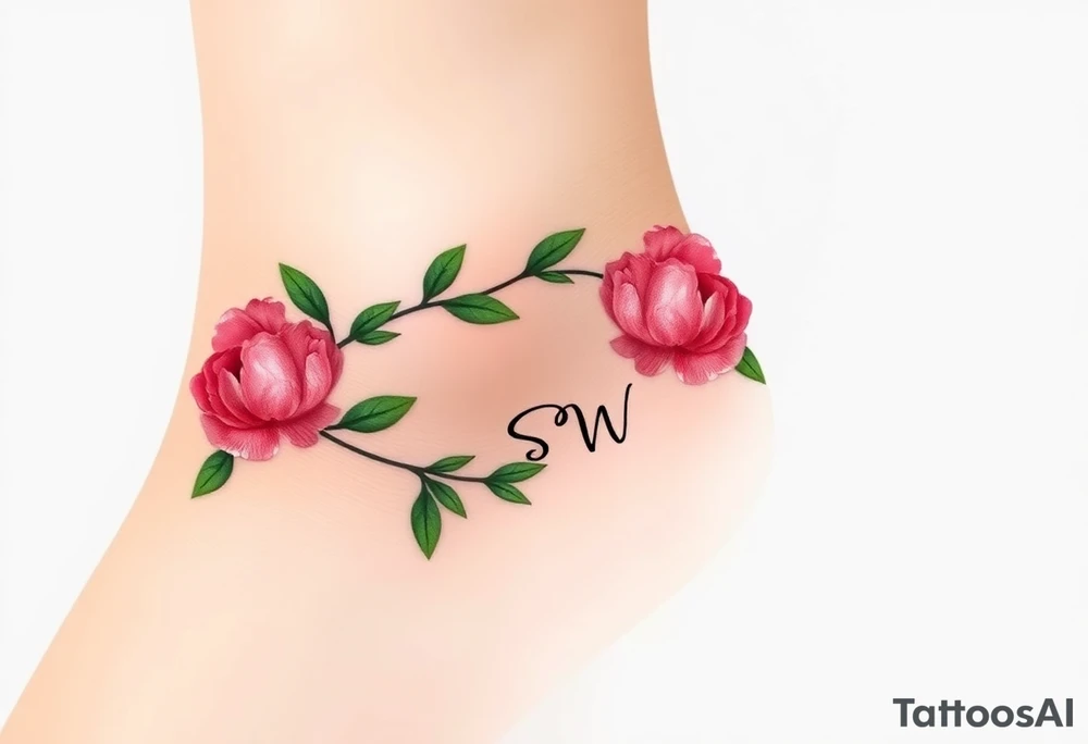 Create a dainty ankle tattoo of vining green leaves that wrap around the ankle horizontally like a bracelet.  Add 2 small pink peonies placed together.  Add the cursive initials SW. Add the initials DD tattoo idea