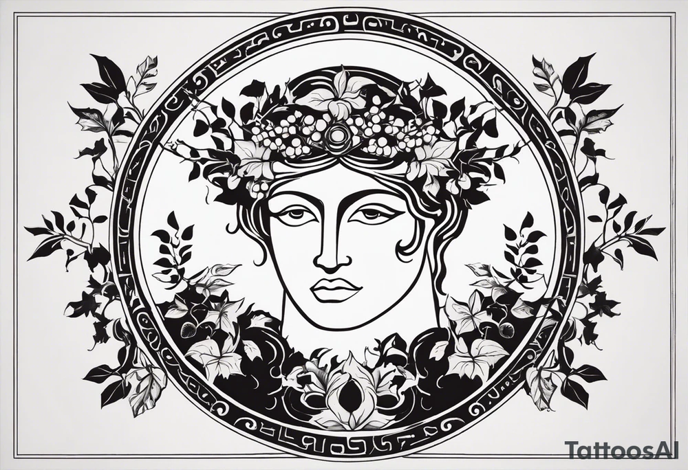 "Design a minimalist round tattoo inspired by ancient Greek art, centered around Dionysus and his love for theater. Create a circular composition with Dionysus depicted in the center, holding a theatrical mask and a goblet of wine. Surround him with simple yet symbolic elements such as grapevines, ivy leaves, or geometric patterns reminiscent of ancient Greek pottery. Ensure the design maintains a minimalist style, with clean lines and limited detail, while capturing the essence of Dionysus's affinity for both wine and theater within the circular frame." tattoo idea