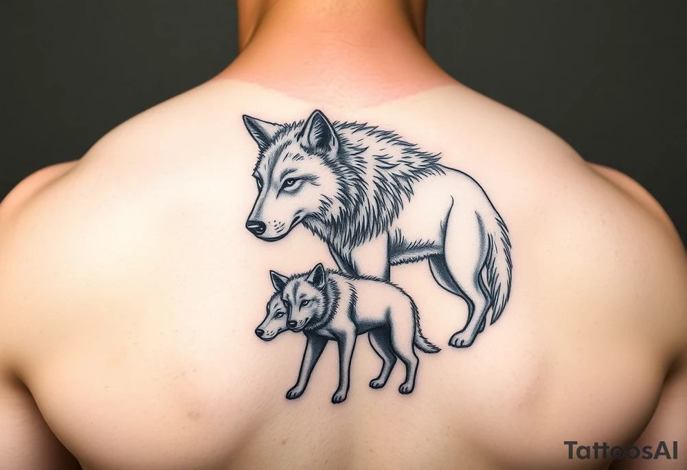 A solitary yet sublime and noble wolf and its progeny. tattoo idea