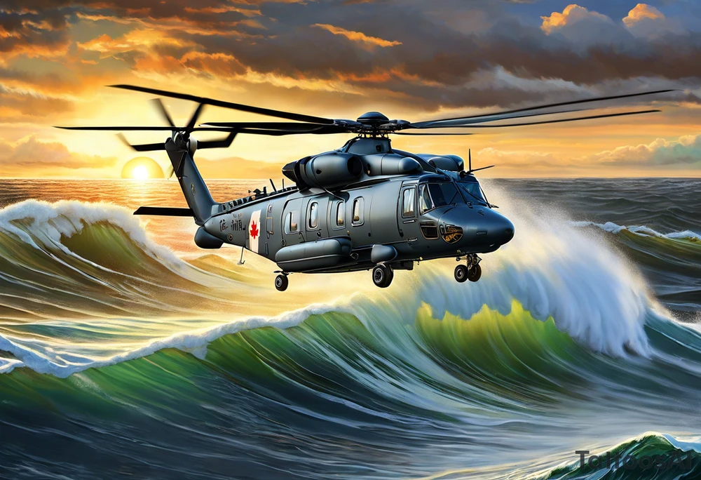 A detailed 4K drawing of a Canadian military grey CH-148 Cyclone helicopter soaring low over rough, ocean waves. The sun is setting, casting a dramatic glow on the scene. The background is highly detailed, with realistic clouds and a specular reflection of the helicopter on the water. Focus on the intricate details of the helicopter and the ruggedness of the ocean.In the background, a poppy should be prominently displayed, and a quote from 'Lest We Forget' should be included tattoo idea