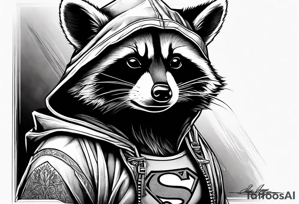 raccoon wearing a Superman hoodie tattoo idea