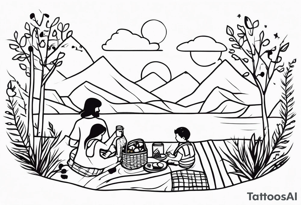 minimalstic picnic scene in nature on a blanket, with tennants, picnicbasket, backpack and sun in the sky tattoo idea
