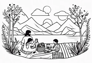 minimalstic picnic scene in nature on a blanket, with tennants, picnicbasket, backpack and sun in the sky tattoo idea