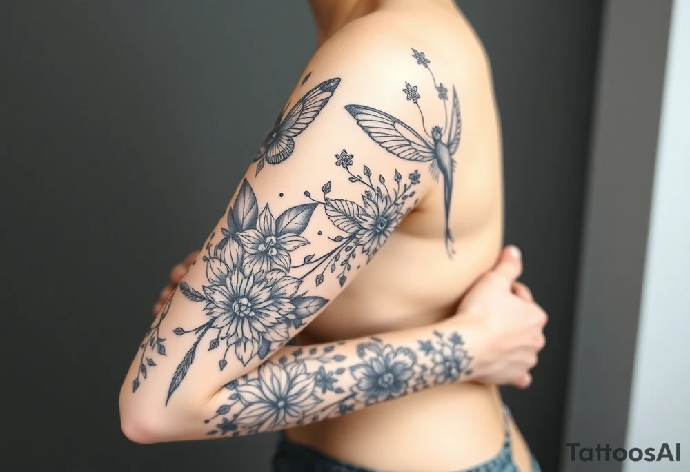 Magical mythical animal sleeve with fairies and flowers, including some geometric aspects tattoo idea
