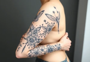 Magical mythical animal sleeve with fairies and flowers, including some geometric aspects tattoo idea