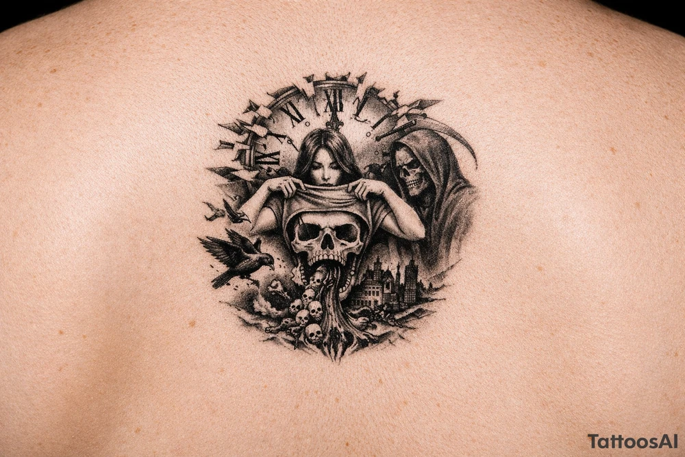 A clock being blown apart by time with a woman pulling her shirt up to reviel a skull  as her stomach puking sparrow and evil upon the world,and death is watching her cause she manipulated 
Everyone tattoo idea