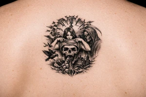 A clock being blown apart by time with a woman pulling her shirt up to reviel a skull  as her stomach puking sparrow and evil upon the world,and death is watching her cause she manipulated 
Everyone tattoo idea