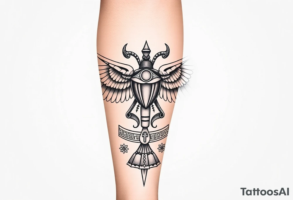“Design a cohesive Egyptian-themed lower leg sleeve from knee to ankle, continuing from an existing black-and-grey fine-line tattoo. The current tattoo features a winged scarab beetle with extended, flowing wings wrapping around the knee and a circular Eye of Ra medallion at top centre of knee. 
Extend the design downward with ancient Egyptian symbolism in a balanced, flowing composition: include elements such as Anubis, Horus, hieroglyphic bands, lotus flowers, papyrus, ankhs, pyramids, and subtle desert or Nile motifs.
Maintain a clean black-and-grey style with fine linework, light shading, and etched, ancient-stone textures—no heavy color. Use soft gradients and negative space to blend seamlessly with the existing scarab wings and medallion.
Wrap the imagery naturally around the leg’s anatomy, tapering toward the ankle, with ornamental bands or hieroglyphs framing the lower leg. The overall look should feel sacred, ancient, powerful, and timeless, like an Egyptian relief brought to life on skin.” tattoo idea
