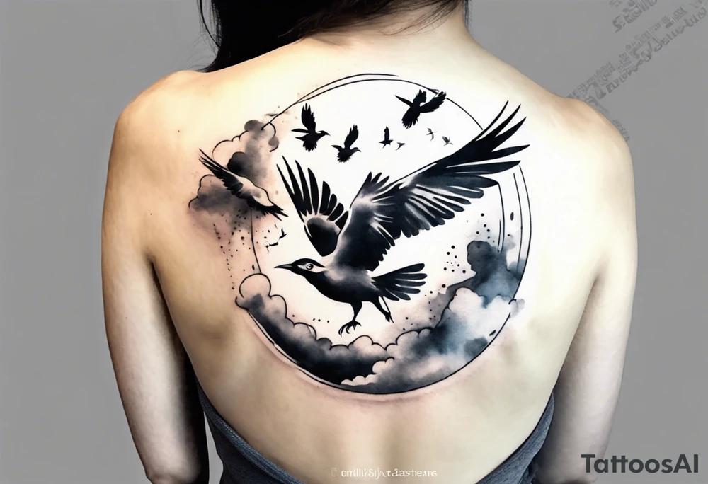 shoulder tattoo with light rays with birds flying free among the clouds, round shape, 3d effect tattoo idea