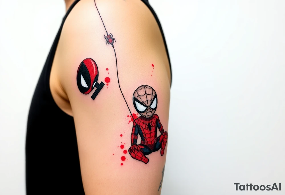 Project: Upper Arm Half-Sleeve Tattoo (Chibi Marvel Duo)
Placement: Upper Arm (Shoulder cap down to just above the elbow)
Reference Images: Chibi Deadpool (Image 1) and Chibi Spider-Man (Image 2)
Design Request & Layout:
* Please stack the characters dynamically to fit my upper arm. I'd like Deadpool positioned near the top/shoulder cap, and Spider-Man sitting near the bottom/above the elbow.
* Use the dangling spider and its web thread, along with loose, energetic construction lines, to transition between the two characters and wrap the design around the arm.
Art & Color Style:
* Linework: Please harmonize both characters into a singular, unified style—blending Deadpool's clean comic ink lines with Spider-Man's raw, cross-hatched sketchbook aesthetic.
* Color: The base of the tattoo should be gritty black-and-grey sketch shading. However, I want vibrant pops of red on their suits.
* The Splatter Effect: Instead of keeping the red cleanly inside the lines, please style the red color as a loose, dynamic watercolor/ink splatter effect that bursts out past their outlines and fades into the negative skin space. tattoo idea