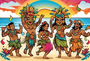 dancing tiki gods dance party on the beach with a sunset in the center of the image with confetti and music notes and tattoo idea