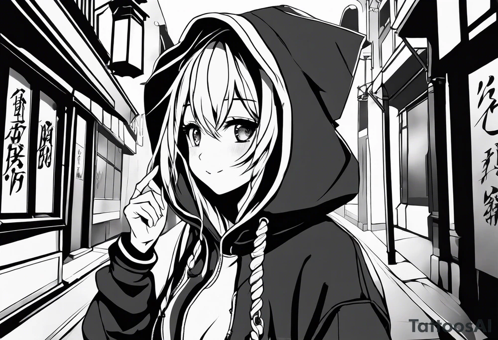 gothic anime style girl cries blood while laughing, full body with sweatshirt and hood tattoo idea