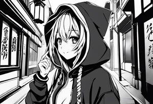 gothic anime style girl cries blood while laughing, full body with sweatshirt and hood tattoo idea