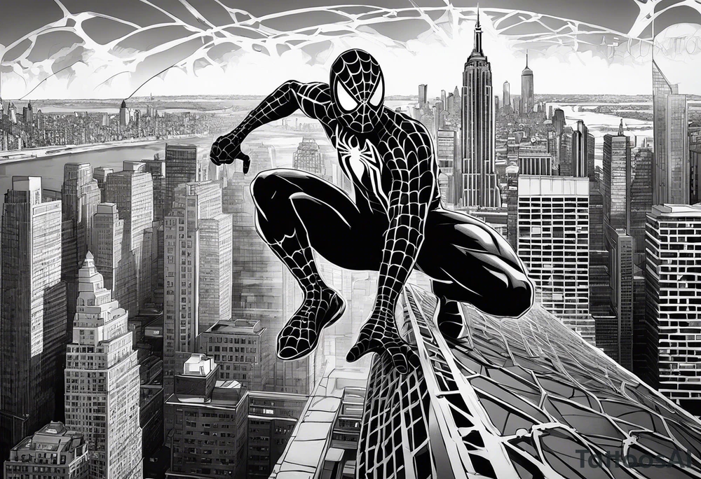 The tattoo shows Spider-Man in a dynamic pose, climbing up a building with webs floating around him. His costume is intricately detailed with the iconic spider patterns, and his white eyes are expressive and vivid. The New York City skyline is depicted in the background, with shadows and details adding depth to the scene. tattoo idea