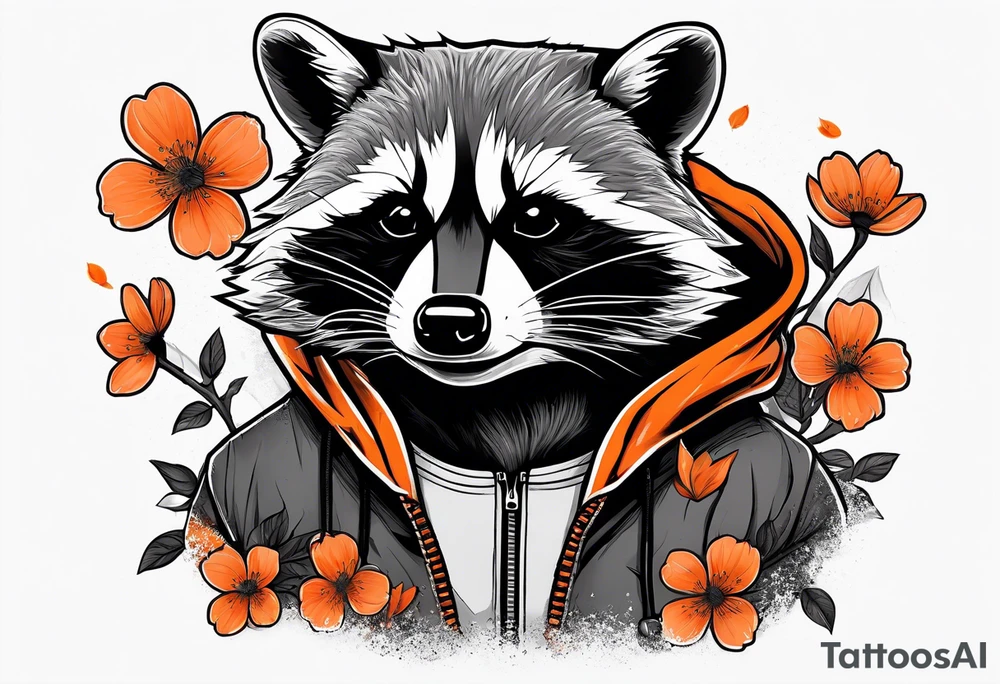 raccoon wearing a black and white Superman hoodie and orange Japanese cherry blossoms tattoo idea