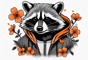 raccoon wearing a black and white Superman hoodie and orange Japanese cherry blossoms tattoo idea