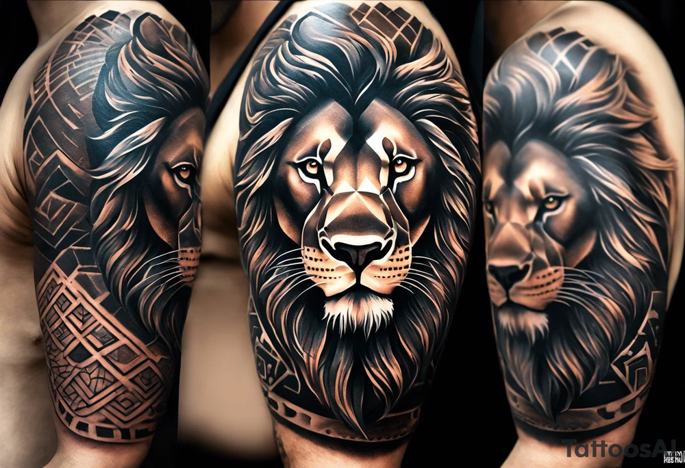 A full tattoo sleeve designed with a strong, masculine aesthetic, featuring a powerful lion as the centerpiece. The lion, symbolizing strength, courage, and leadership, is depicted with intricate detail and dynamic shading, capturing its fierce expression and majestic mane. Surrounding the lion, incorporate geometric patterns that add structure and contrast to the design. These patterns are bold and angular, creating a sense of order and symmetry that complements the natural form of the lion. The geometric elements are woven around the lion, emphasizing its central position while providing a modern, edgy backdrop. The shading throughout the sleeve is deep and dramatic, enhancing the contrast between the organic features of the lion and the precise lines of the geometric patterns. The overall design is bold, intense, and visually striking, combining the raw power of the lion with the clean, ordered aesthetic of geometric patterns for a cohesive and masculine tattoo sleeve. tattoo idea