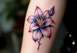 Lilie flower with "Kristýna – 5.4.2014 v 12:00" elegantly curved around its stem in rose gold ink. tattoo idea