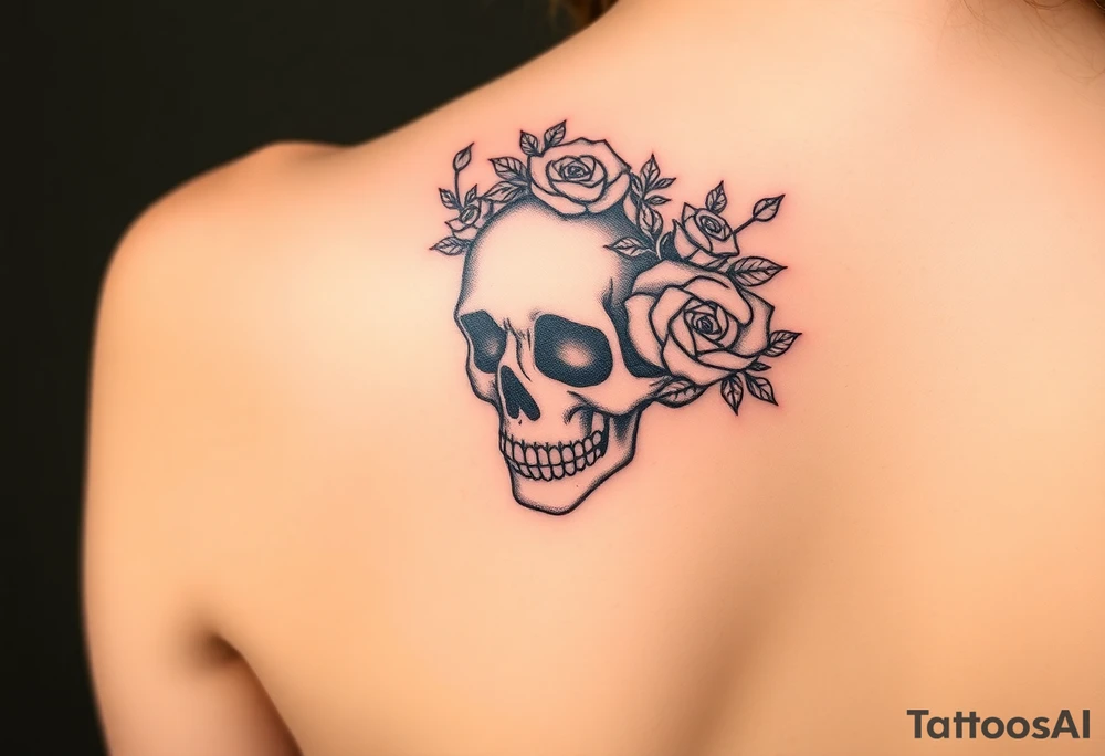 ornate skull adorned with crown of wild roses and thorns tattoo idea