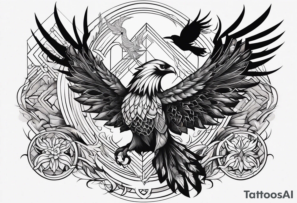 Phoenix with Raven and Tiger on left side and deer and owl on right tattoo idea