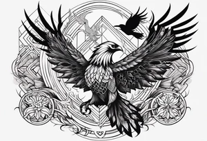 Phoenix with Raven and Tiger on left side and deer and owl on right tattoo idea