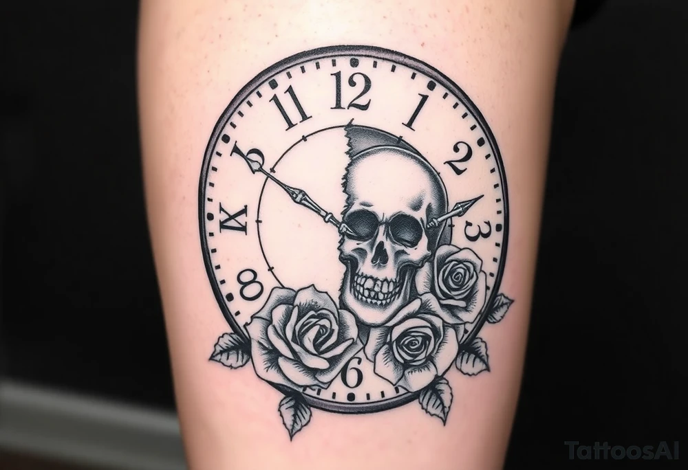 Broken Clock face 11:43 as set time. With roses and skull looking to the clock feminine tattoo idea