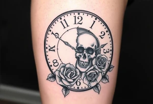 Broken Clock face 11:43 as set time. With roses and skull looking to the clock feminine tattoo idea