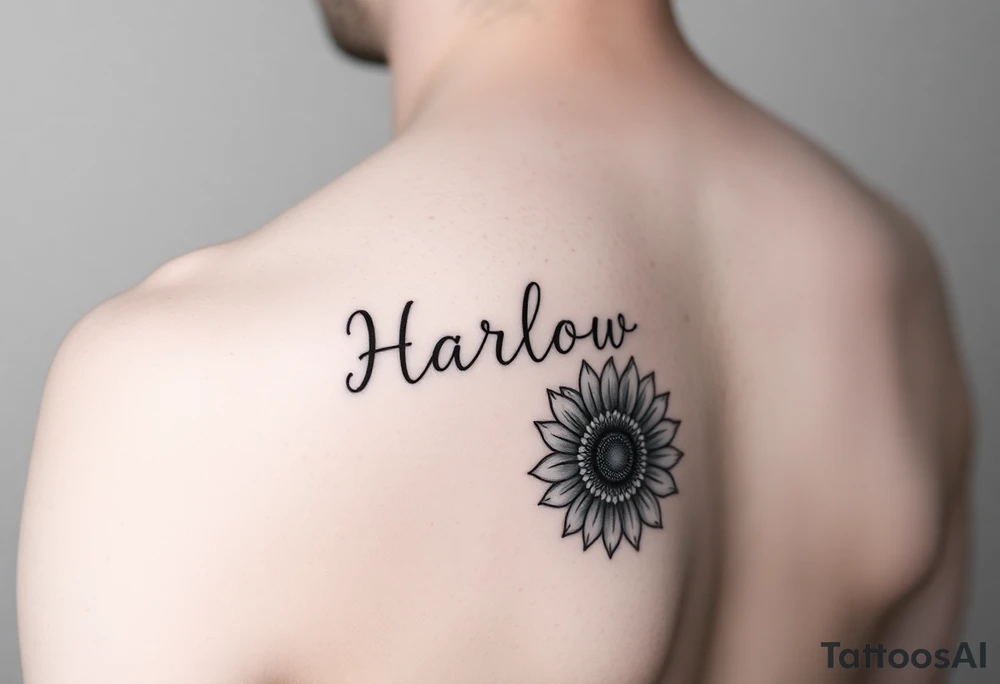 Small minimalist line art inspired by daughter name Harlow and sunflower. 3x3 tattoo idea