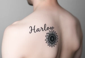 Small minimalist line art inspired by daughter name Harlow and sunflower. 3x3 tattoo idea