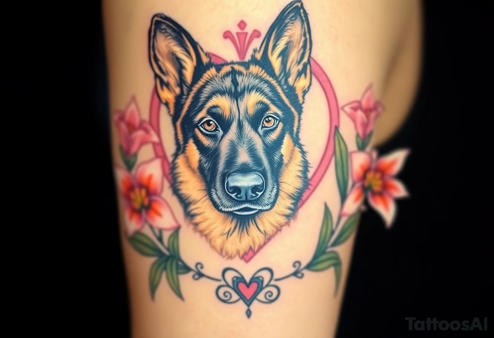 realistic german shepherd with alert ears looking protective surrounded by pink lilies with leaves in front of a sacred heart tattoo idea