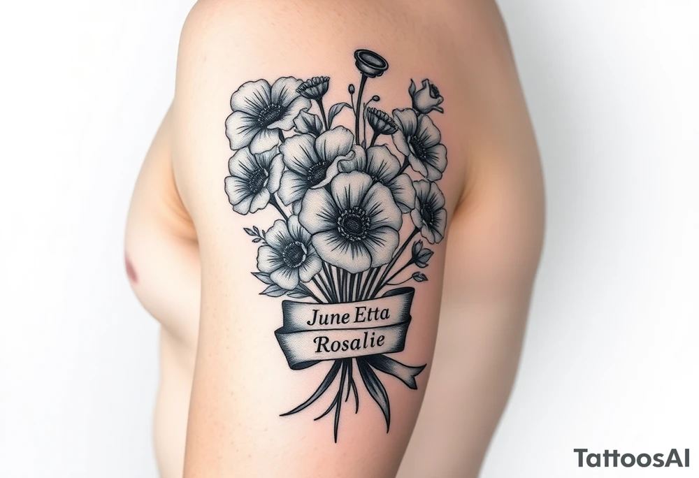 Half arm sleeve tattoo of 3 hollyhock flowers, one wild rose, 5 wild flowers in a bouquet with ribbon bow towards the bottom like the just got picked. On the ribbon include three names: June Etta, Roxy, Rosalie. Next the bouquet sperately put a full realistic doctors stethoscope tattoo idea