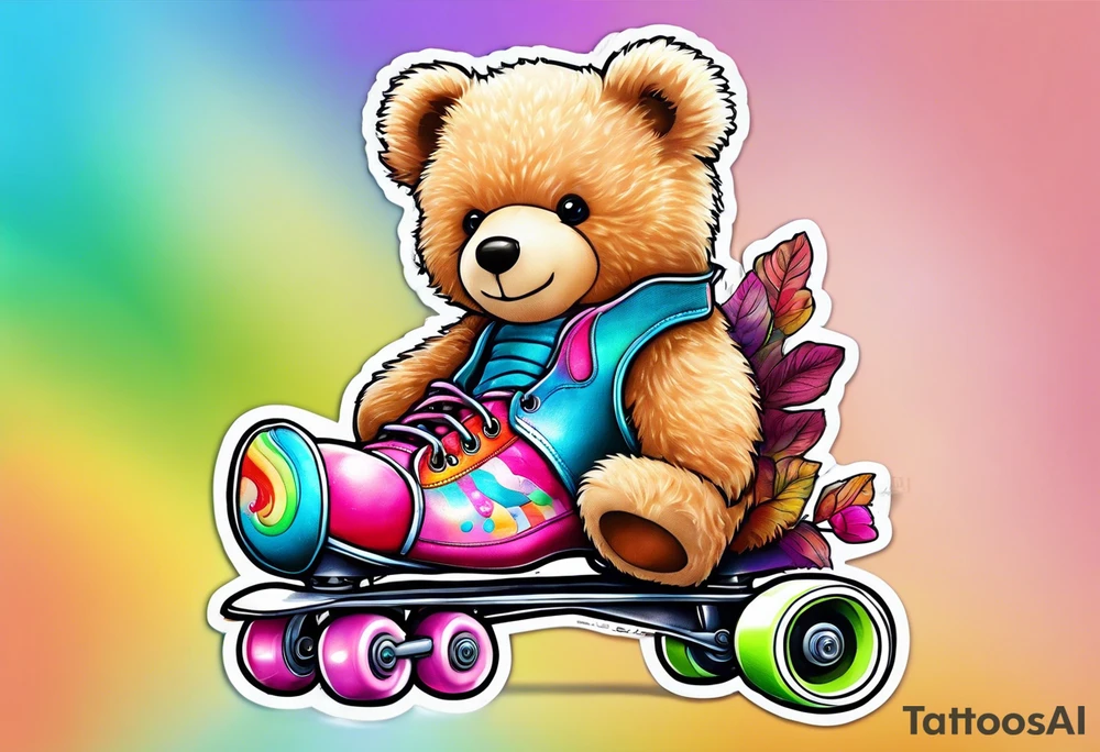 a teddy bear, wearing cute, pastel rainbow roller skates tattoo idea