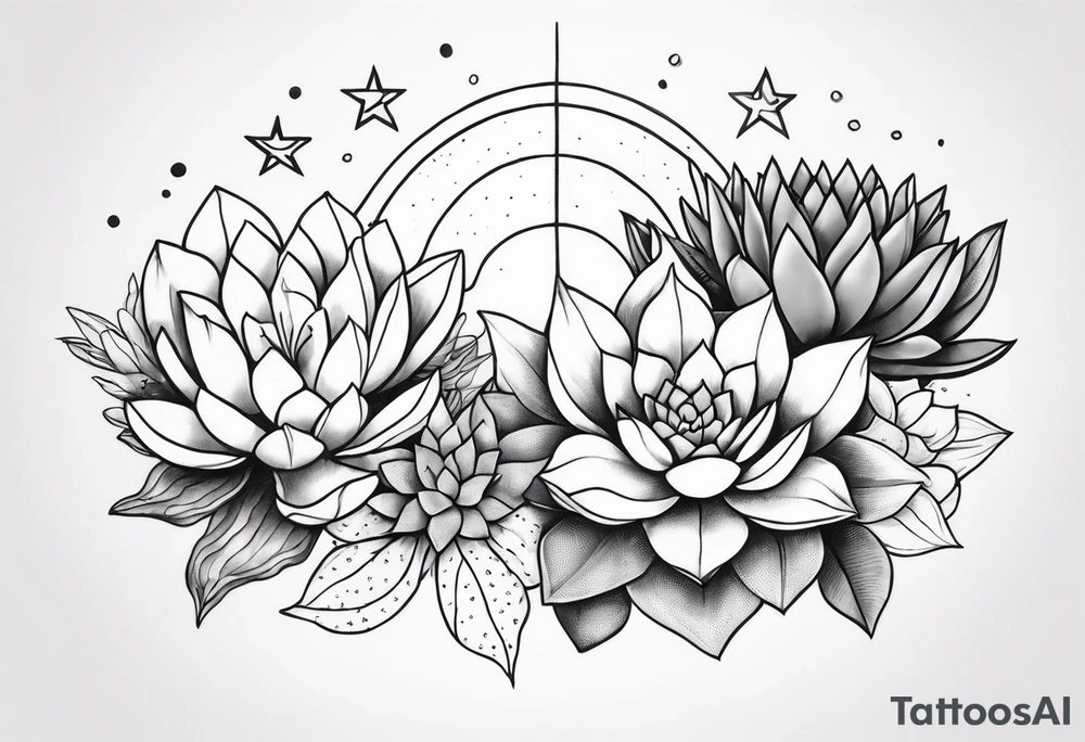 fine line with sun, stars, floral, dots, three succulents
. Sternum tattoo grey scale shading tattoo idea