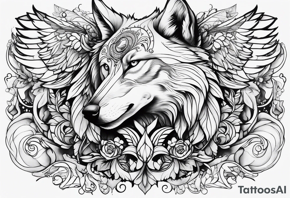 Half wolf half angel tattoo idea