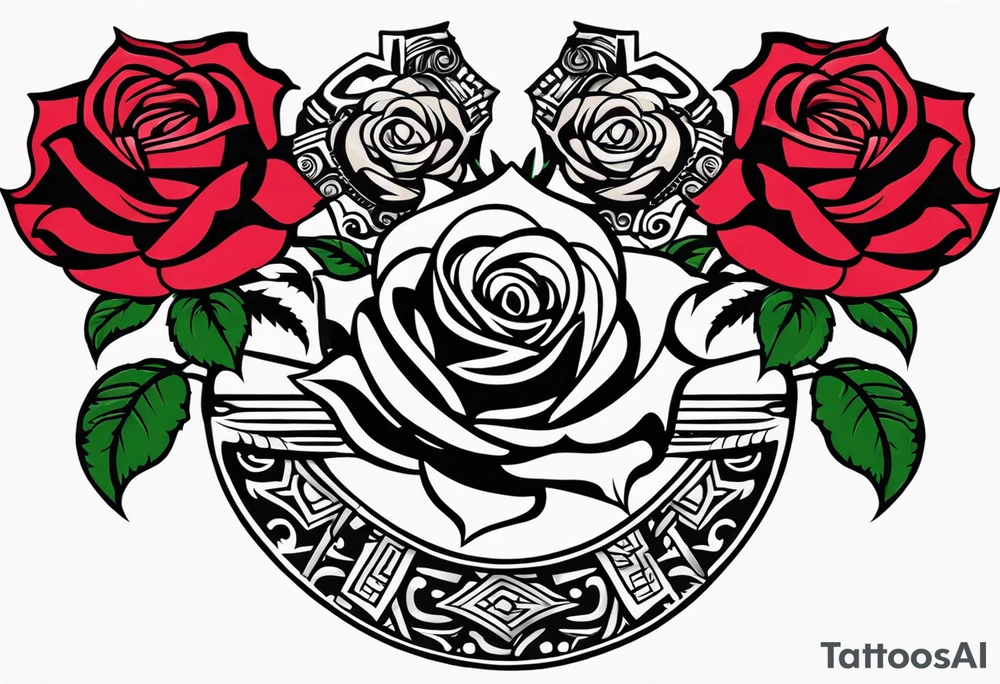 Design a masculine tattoo depicting three delicate rose buds being embraced and protected by 
Aztec weapons. The weapons should include elements such as the macuahuitl (Aztec sword-club)
, arranged in a way that forms a protective circle or embrace around the roses. Carve the entire image as if it were a stone sculpture by an ancient Aztec artist, with the texture resembling intricately detailed stone carvings. The roses should be slightly softer but still stylized in stone, giving the entire tattoo a powerful, yet artistic and ancient feel. Use bold, sharp lines to capture the essence of Aztec craftsmanship tattoo idea