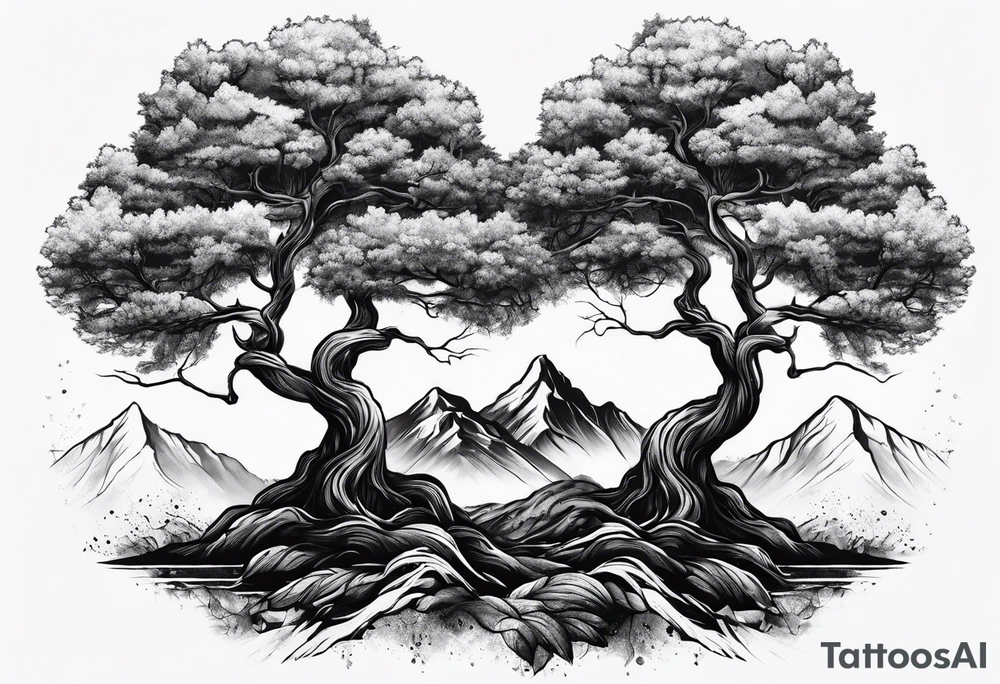 Three mountains three trees with roots tattoo idea