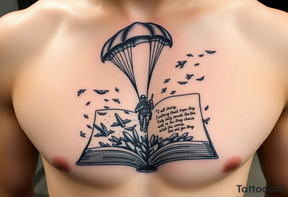 A parachuting soldier landing into an open book. Chaos surrounding, but a sense of security inside the book. On the chest. On one pectoral. book contains a quote tattoo idea