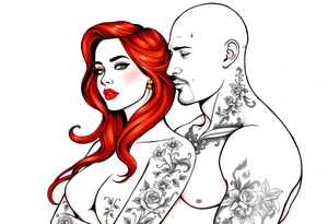 Woman with long red hair and red lipstick with lots of tattoos with  a bald muscular white man with tattoos getting married tattoo idea